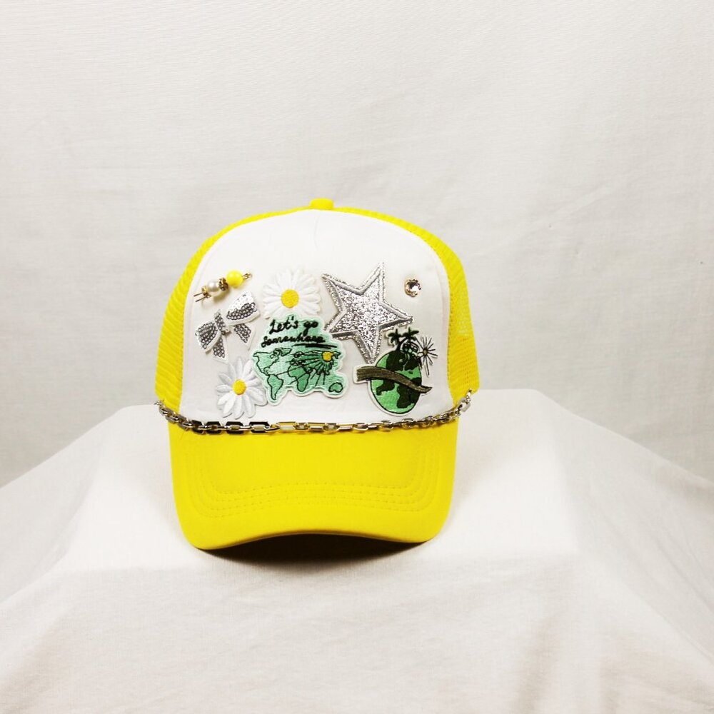 Yellow and White Embroidered Women's Cap